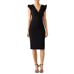Rebecca Taylor Women's Crepe Lace Ruffle Black Dress Flutter Sleeve Cocktail LBD